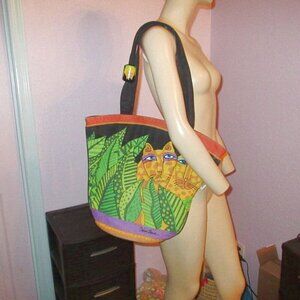 Vtg Laurel Burch Exotic Cats Shoulder Tote Bag Wood Kitty Charm Artsy Carryall